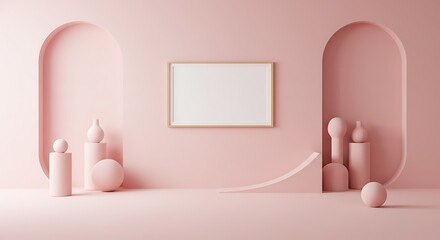 Pastel pink display with frame and geometric shapes