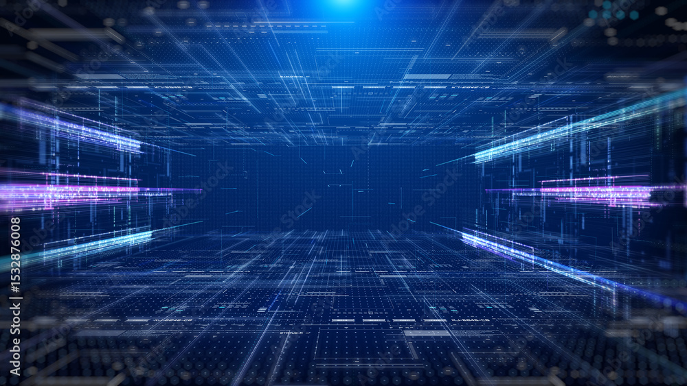 Aufkleber Technology digital futuristic cyberspace data network structure background. Blue future scifi glow transmission line fly through concept illustration background.
