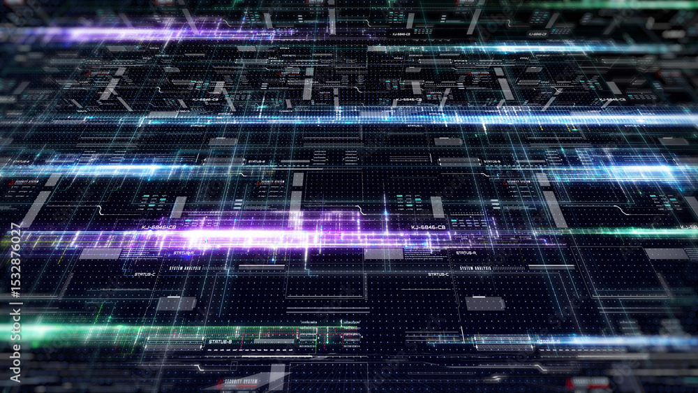 Poster Technology digital glow line hologram perspective view concept. HUD UI system hologram, ai construction illustration background