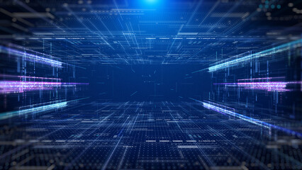 Technology digital futuristic cyberspace data network structure background. Blue future scifi glow transmission line fly through concept illustration background.