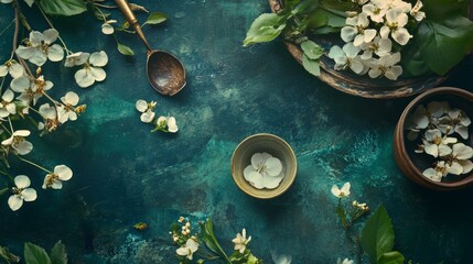 Green background with ceramic cups and white blossoms peaceful aesthetic oriental natural still life harmony