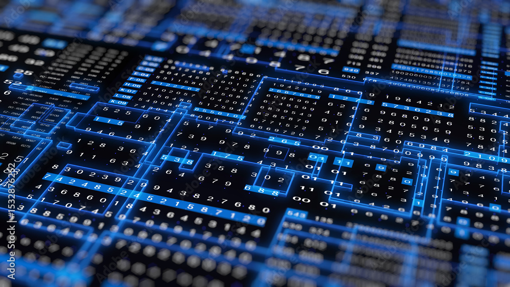 Poster HUD Technology Futuristic Digital Decimal Encoder Data Sampling Simulation Smart Concept. UI Statistic Stream Line Flowing Status Illustration Background.