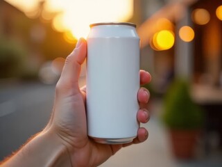 Hand Holding Blank Aluminum Soda Can Sunset Background