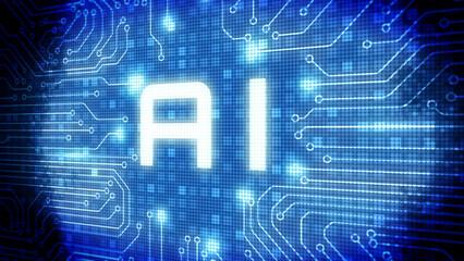 Technology AI on circuit board microprocessor. Futuristic artificial intelligence big data processing on blue illustration background.