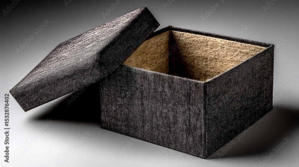 Poster black textured box with lid open isolated on grey background minimal packaging mockup shadow modern
