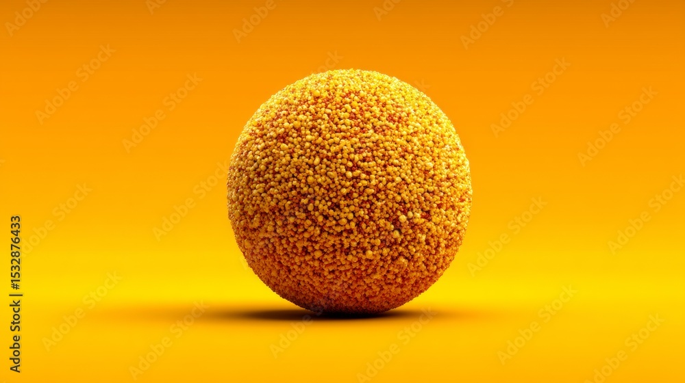 Poster single yellow fuzzy ball centered on vibrant orange background minimal surreal clean abstract concep