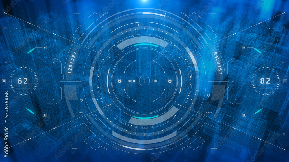 Aufkleber Technology HUD Screen Visual Data Tracker Aerial View Fly Through Over Blue Digital Building Processing System illustration