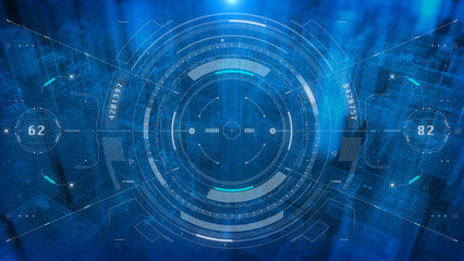 Technology HUD Screen Visual Data Tracker Aerial View Fly Through Over Blue Digital Building Processing System illustration