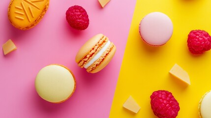 Playful colorful macaron and fruit candies on pink yellow background sweet dessert pop design creative mood