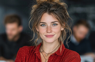 Portrait of a beautiful woman with messy bun hairstyle smiling at the camera view