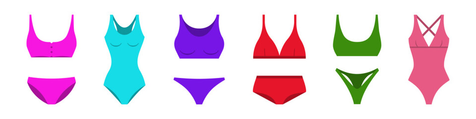 Colorful one piece and two piece swimsuit set. Stylish purple monokinis and green bikini for swimming and sunbathing on sea and ocean beaches with classic fashionable design