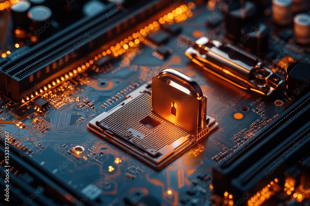 Poster secure technology with combination padlock on circuit board in a dimly lit environment, secure tech 