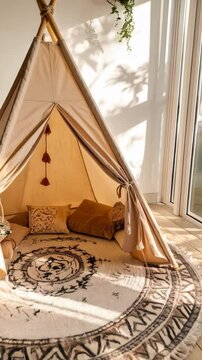 Cozy indoor play tent setup with pillows, tassels, and a round patterned rug on hardwood flooring in soft sunlight.