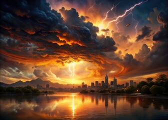 Obraz premium Panoramic Sunset Cityscape Lightning Storm Dramatic Orange Glow Reflection Still Water