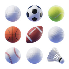 Sports equipment collection soccer basketball tennis golf baseball volleyball football and badminton balls 3d