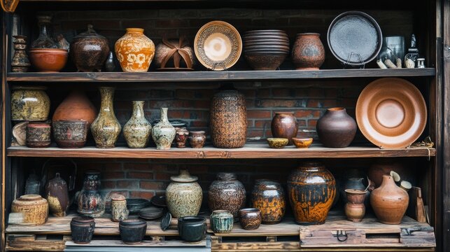 Shelf with antique pottery and clay kitchenware rustic collection vintage ceramics displayed traditional