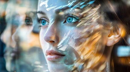 Digital overlay on woman's face concept of future technology augmented reality portrait creative fusion