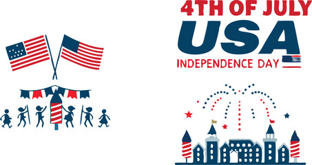 Celebrating 4th of July with flags fireworks and community gathering graphic art