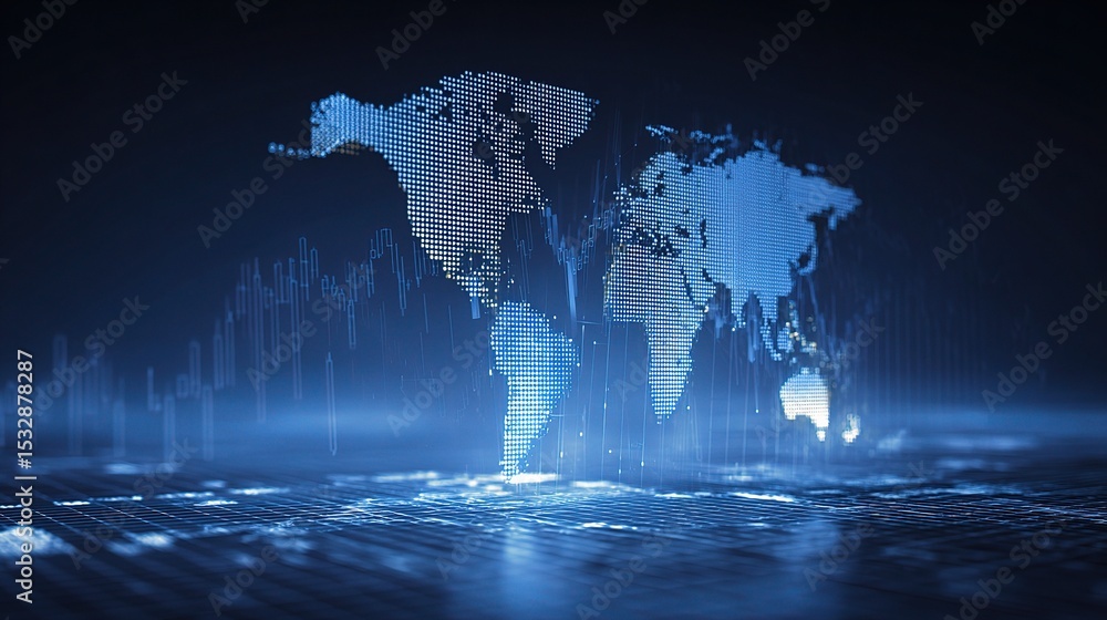 Poster translucent blue world map with light effects and line chart visual
