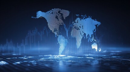 Translucent Blue World Map with Light Effects and Line Chart Visual
