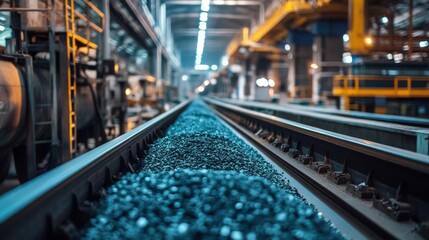 Obraz premium Blue rocks transported on industrial conveyor belt modern mining facility factory production heavy machine line