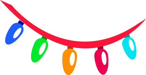 Colored light bulb garland is hanging on red wire with clips in flat style, transparent background