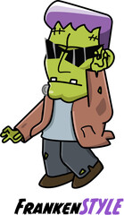 Flat design Frankenstein monster is posing on transparent background wearing jacket, sunglasses