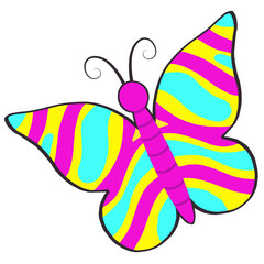 Naklejka premium Cartoon-style butterfly is showcasing cyan magenta yellow stripes on transparent background