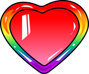Glossy heart is showing white highlights and rainbow border in flat design, transparent background