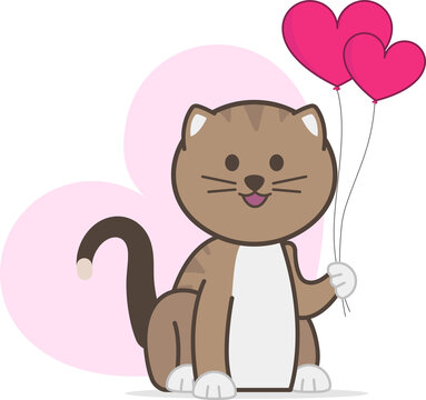 Fototapeta Flat design cat is holding three pink heart balloons against pink heart with transparent background