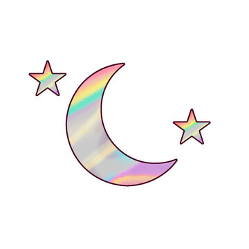 Naklejki Stylized holographic pastel gradient crescent moon and stars are floating on transparent background
