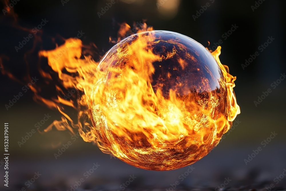Poster floating ball of fire with intense flames creating a dynamic visual effect in a darkened background,