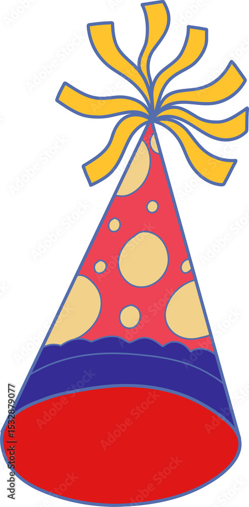 Poster conical party hat is featuring red polka dots and streamers in flat design transparent background