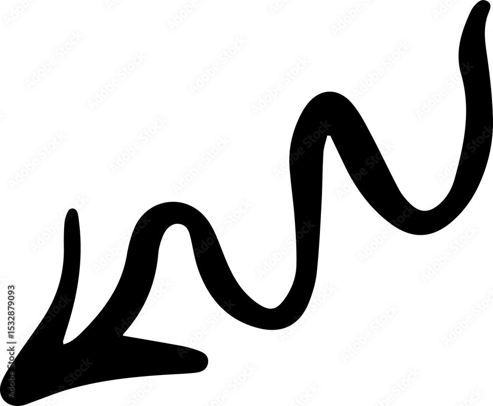 Poster displaying stylized black squiggly arrow aiming lower left in flat design on transparent backdrop