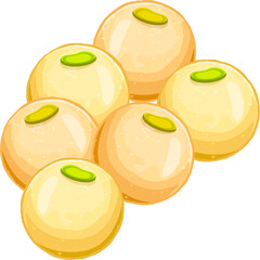 six yellow round sweets are floating on transparent background in flat style with green toppings