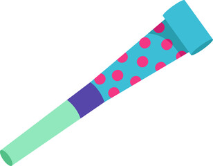 Flat vector party horn is floating on transparent background with mint, purple and cyan polka dots