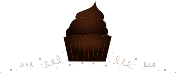 Flat icon is showing chocolate cupcake with swirl frosting and border on transparent field