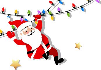 Cartoon Santa is swinging from festive lights in flat style, floating stars, transparent background