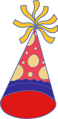 Conical party hat is featuring red polka dots and streamers in flat design transparent background