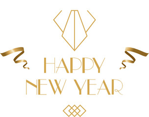 Happy New Year is featuring metallic gold deco with ribbons, geometric motifs on transparent canvas