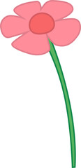 Cartoon flower is floating on transparent backdrop with five pink petals, rose disk and green stem