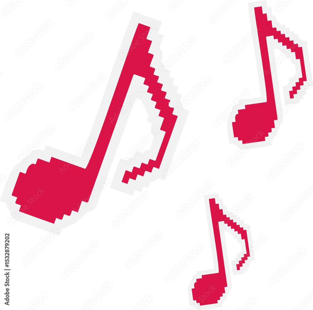 Poster pixelated red musical notes are floating separately on transparent canvas in flat pixel-art style
