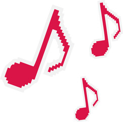Pixelated red musical notes are floating separately on transparent canvas in flat pixel-art style