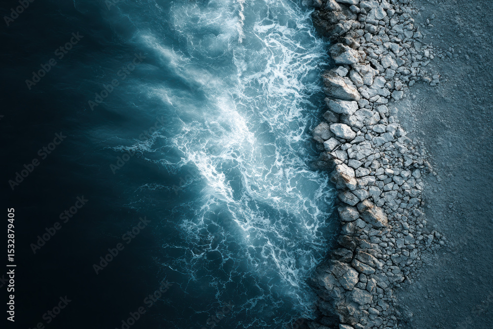 Poster waves roll over rocks along the coastline, creating a dynamic interaction between water and land in 