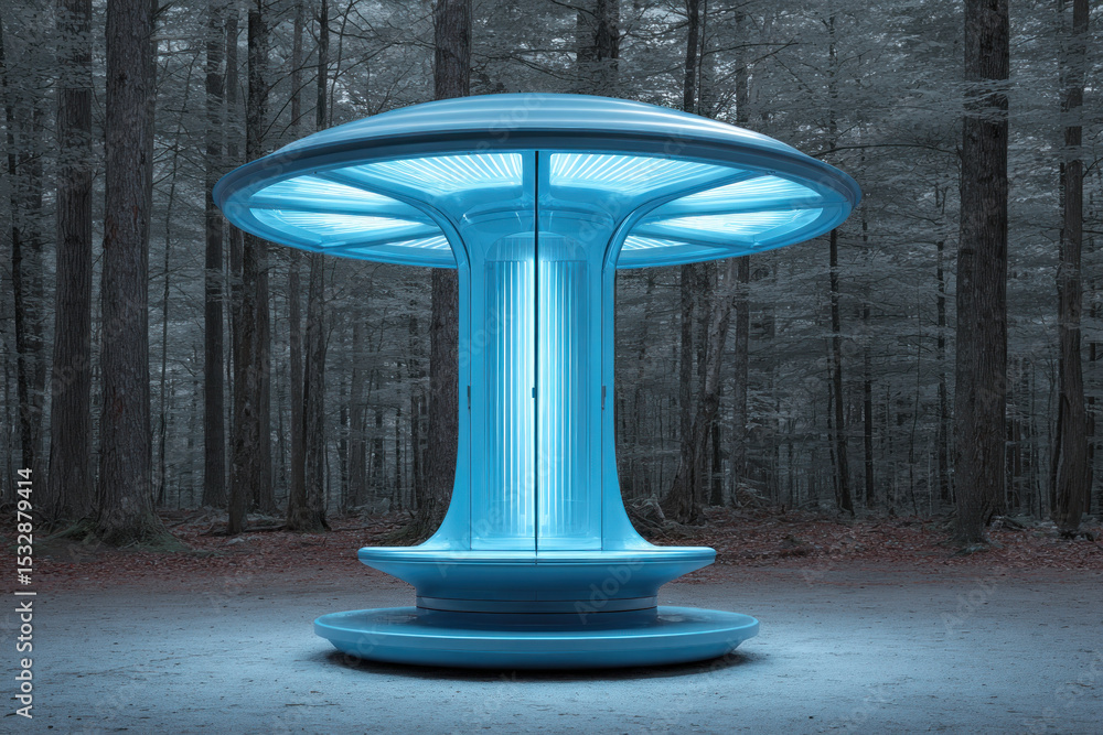Poster a striking futuristic structure glows in a peaceful forest setting as twilight descends, creating a 