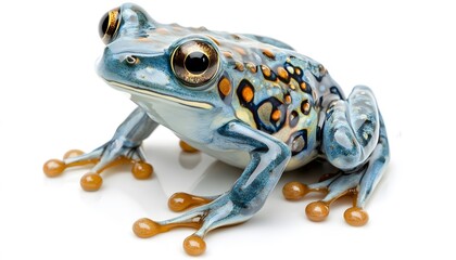 Detailed close-up of a blue and orange patterned tree frog.