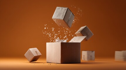 Falling cubes motion suspended mid air dynamic abstract splash explosion 3d render simulation kinetic gravity