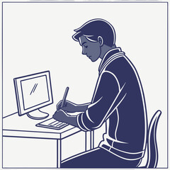 Silhouette of a person using a drawing tablet at a desk
