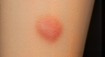 Fototapeta premium Skin close-up with red circular rash on light arm background 