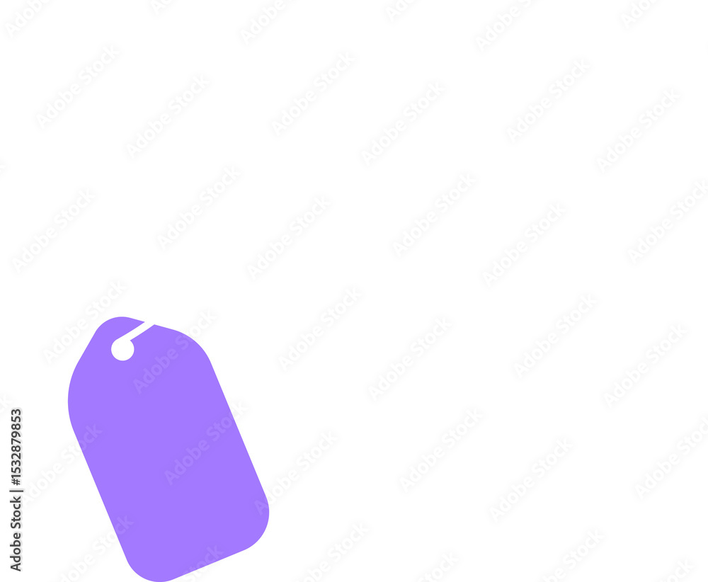 Poster purple tag is floating in graphic illustration with looping white cord on transparent background